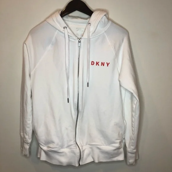 Dkny Tops Dkny White Zipper Hoodie With Red Printed Lettering